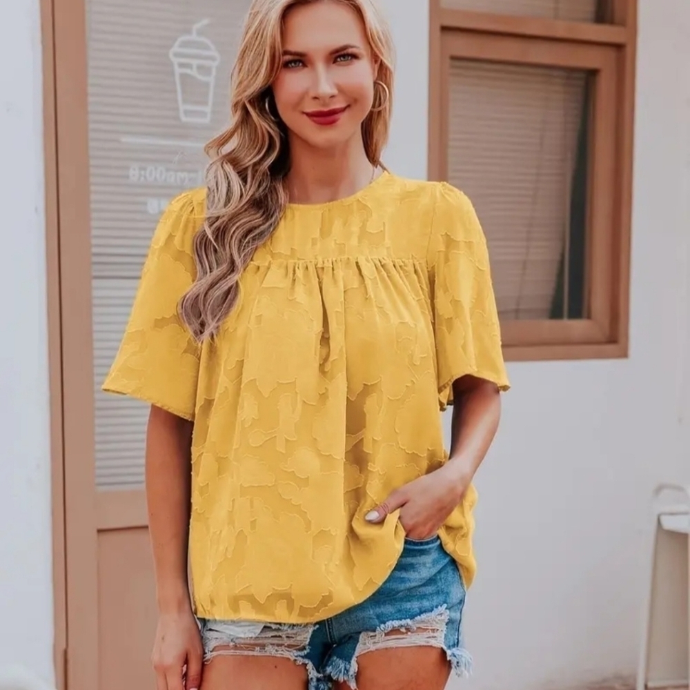 Casual Lace Flare Sleeve Blouse, Short Sleeve Crew Neck Solid Blouse. - Picture 1 of 12